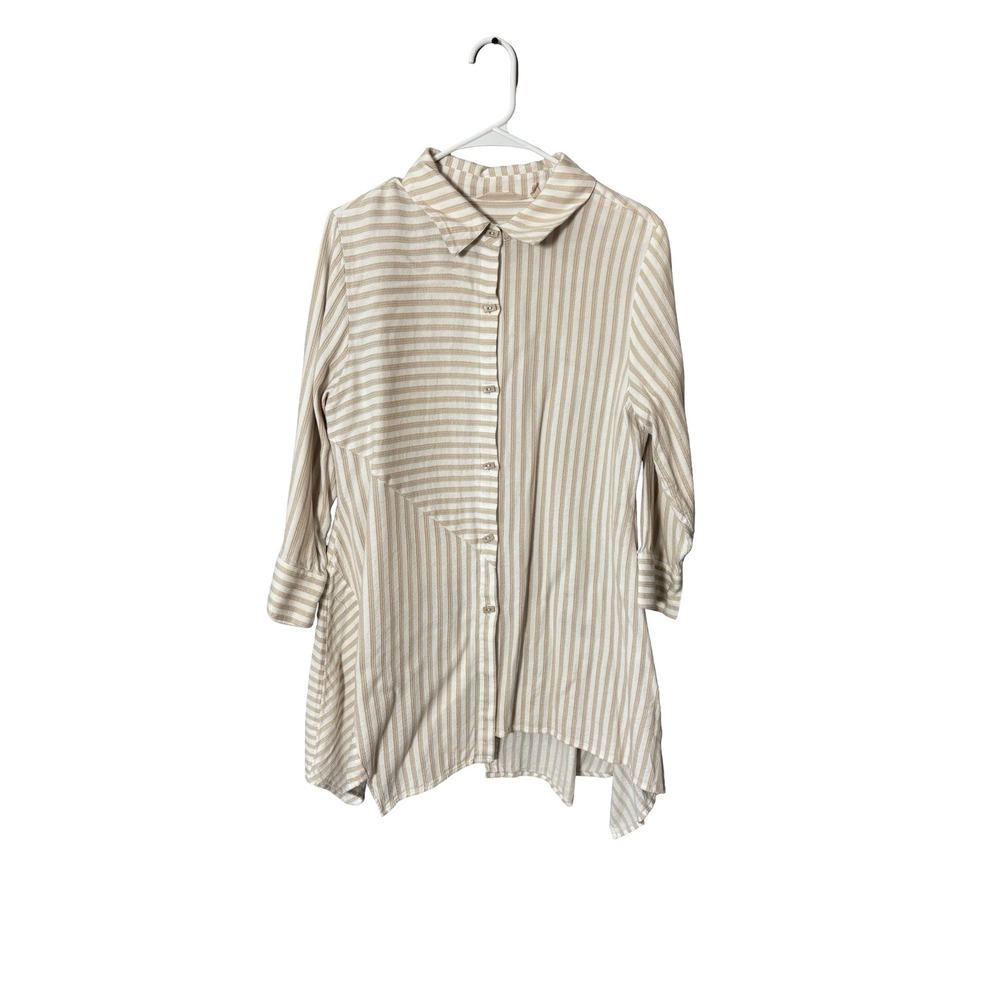 Soft Surroundings Striped Tunic Size M Tan White‎ Cotton Blend Sharkbite Hem
